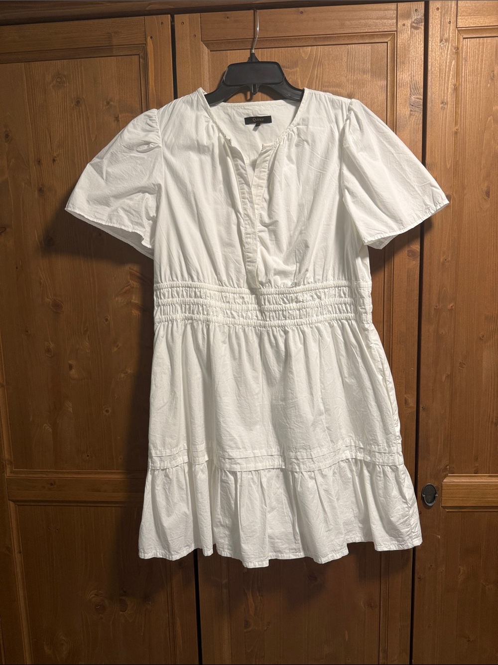 Quince White Short Sleeve Smocked Waist Dress